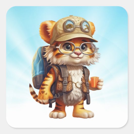 Tiger Cub mit Rucksack und Kaffee Quadratischer Aufkleber (Vorderseite)
