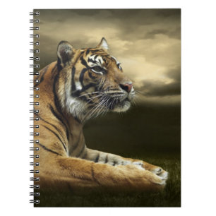 Tiger, der unter drastischem Himmel schaut und Notizblock