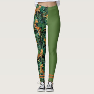 Tiger Dschungel Print Colorblock Leggings Olivgrün