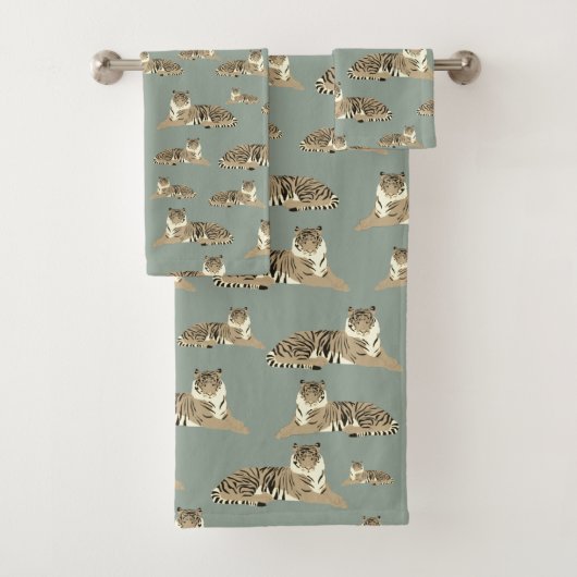 Tiger Exotic Animal Pattern Sage Green Badhandtuch Set (Insitu)