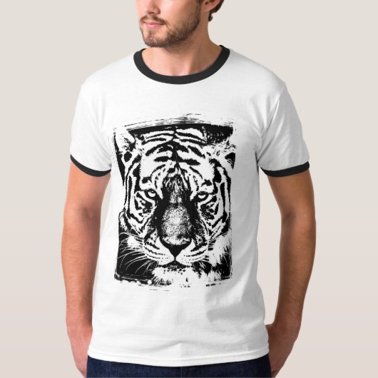 Tiger Face Mens Modern Basic Ringer Schwarz-weiß T-Shirt (Vorderseite)