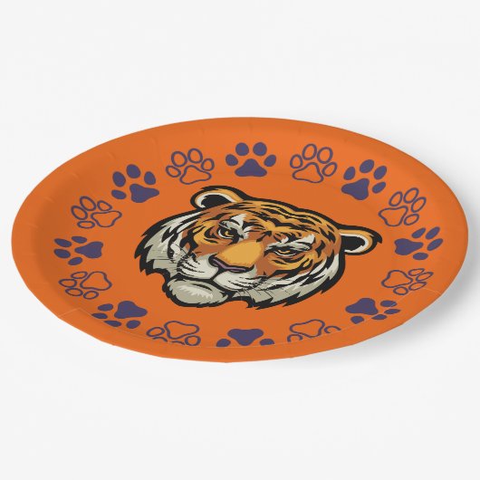 Tiger Face Paper Party Teller Orange & Blue (Schrägansicht)