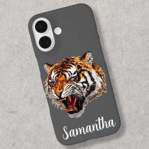 Tiger Faux Pailletten Optik Personalisiert Brüllen iPhone 16 Hülle