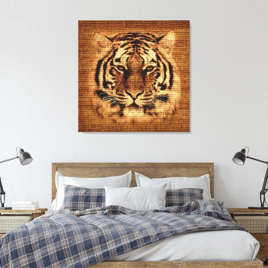 Tiger Fine Art on Burlap Rustic Jute Leinwanddruck (Insitu (Schlafzimmer))