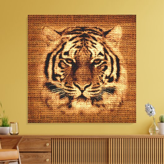 Tiger Fine Art on Burlap Rustic Jute Leinwanddruck (Insitu (Wohnzimmer))