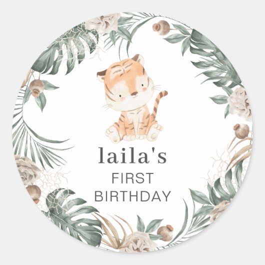 Tiger Floral Greenery Round Runder Aufkleber (Vorderseite)