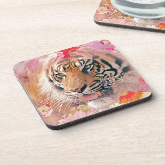 Tiger Floral Spritzer Digitale Kunst Getränkeuntersetzer (Linke Seite)