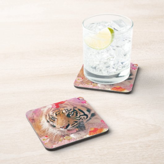 Tiger Floral Spritzer Digitale Kunst Getränkeuntersetzer (Rechte Seite)