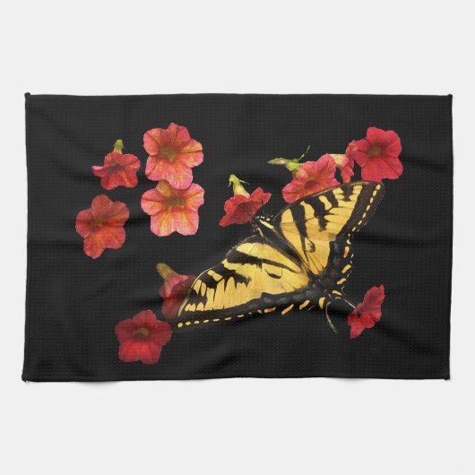 Tiger Frack Butterfly auf Roten Blume Geschirrtuch (Horizontal)