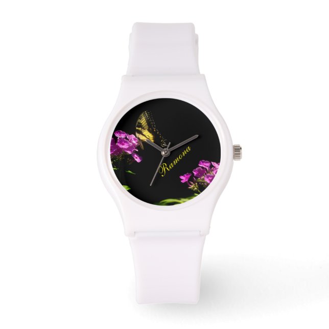 Tiger Frack Butterfly auf Wild Phlox Armbanduhr (Vorderseite)