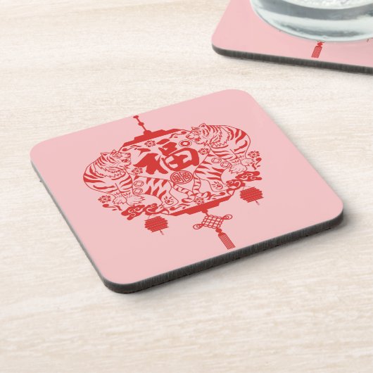 Tiger Fu Fortune Lantern Shape Papercutting Getränkeuntersetzer (Linke Seite)