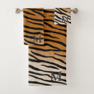 Tiger Fur Realistisches Animal Print Graues Monogr Badhandtuch Set