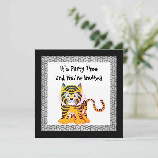 TIGER GELB SCHWARZER REPTILDRUCK GEBURTSTAG EINLADUNG (Stehend Vorderseite)
