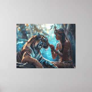 Tiger Goddess - Eine Frau in der Natur mit Tiger Leinwanddruck