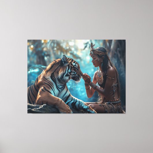 Tiger Goddess - Eine Frau in der Natur mit Tiger Leinwanddruck (Vorderseite)