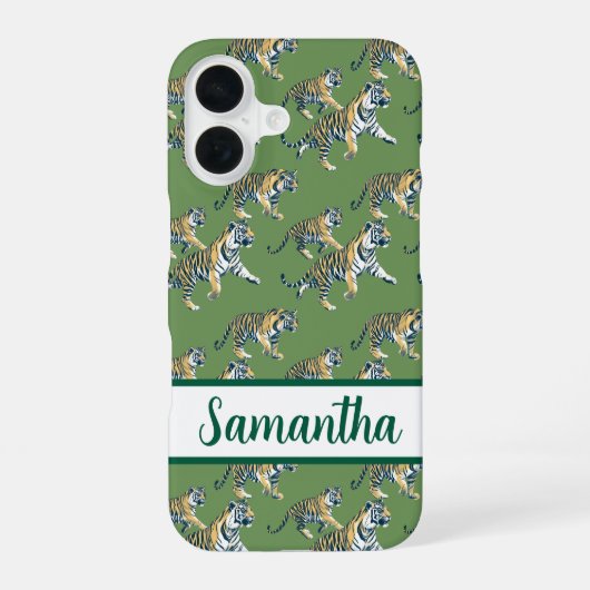 Tiger Green Pattern Personalisierter Name iPhone 16 Hülle (Rückseite)