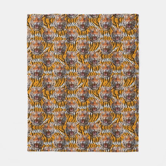 Tiger Head on Tiger Skin Animal Print Design Fleecedecke (Vorderseite)