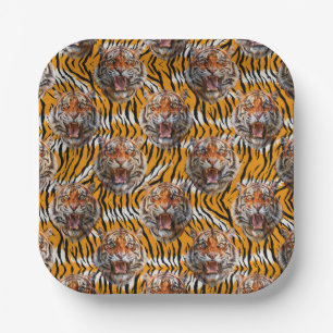 Tiger Head on Tiger Skin Animal Print Design Pappteller