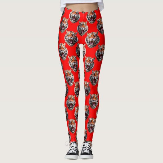 Tiger Head Pattern Design Red Leggings (Vorderseite)