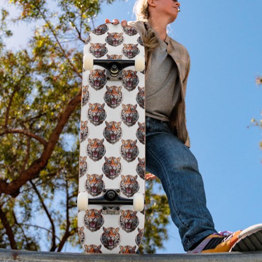 Tiger Head Pattern Design - White   Skateboard