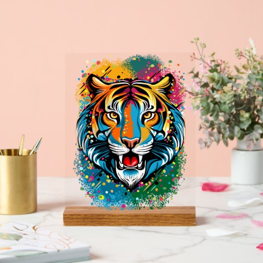 Tiger Head Rainbow colors paint stains Acrylschild (Hochzeit)