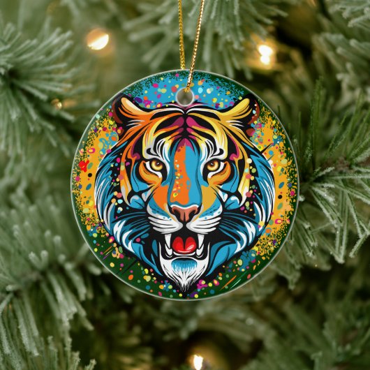 Tiger Head Rainbow colors paint stains Keramik Ornament (Baum)