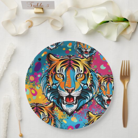 Tiger Head Rainbow colors paint stains Pappteller (Hochzeit)
