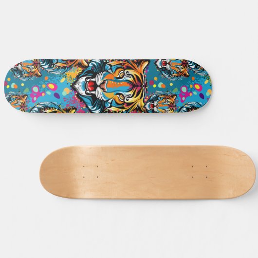 Tiger Head Rainbow colors paint stains Skateboard (Horizontal)