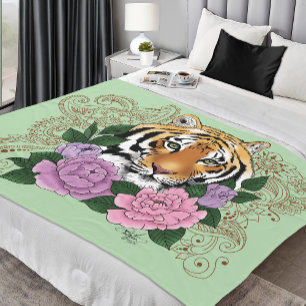 Tiger Henna Pink Purple Blumen Fleecedecke