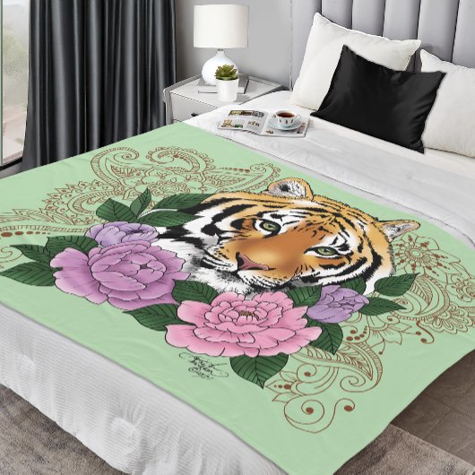 Tiger Henna Pink Purple Blumen Fleecedecke