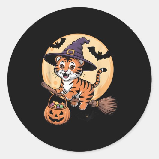 Tiger Hexenhut Pumpkin Halloween Kostüm Men Wome Runder Aufkleber (Vorderseite)