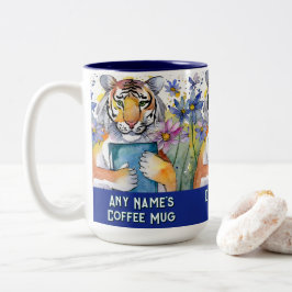 Tiger Holding Big Book | Any Name | Slogan Zweifarbige Tasse