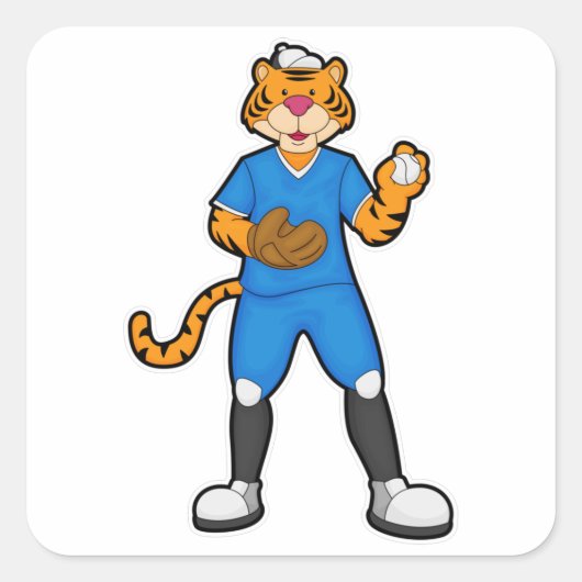 Tiger im Baseball mit Baseballhandschuh & Cap Quadratischer Aufkleber (Vorderseite)