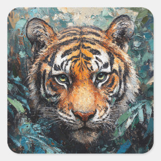 Tiger im Dschungel-Porträtgemälde Quadratischer Aufkleber