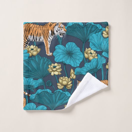 Tiger im gelben Lotusteich Badhandtuch Set (Waschlappen)