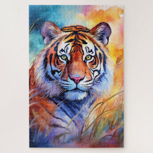 Tiger im Gras in Aquarell Puzzle