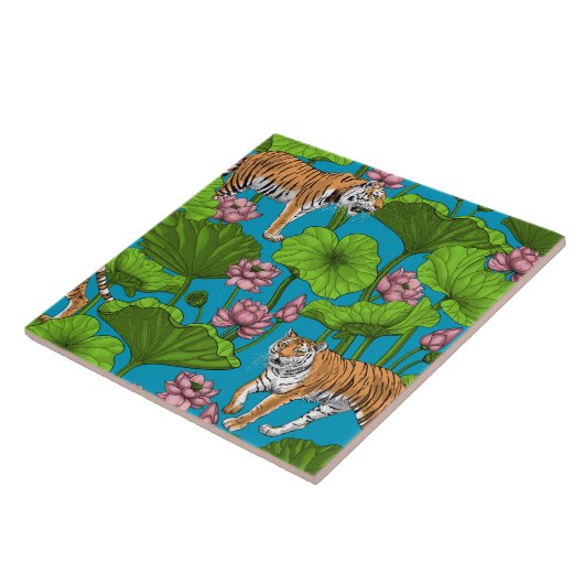 Tiger im rosa Lotusteich Fliese (Seite)