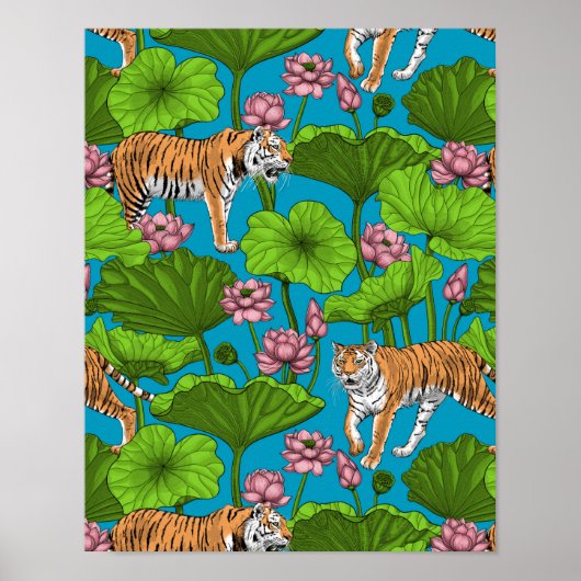 Tiger im rosa Lotusteich Poster (Vorne)
