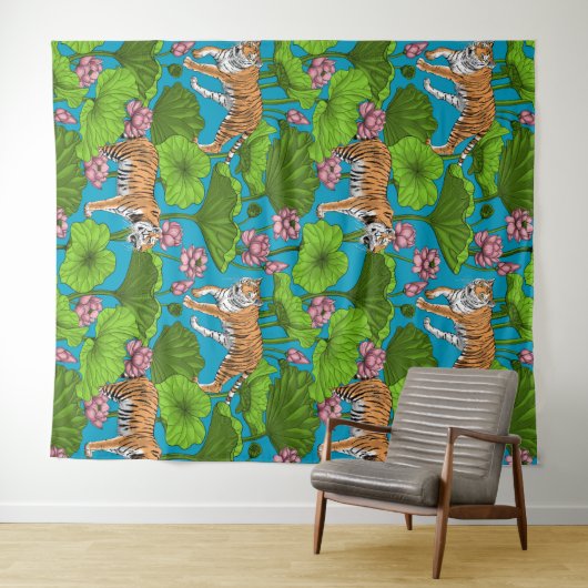 Tiger im rosa Lotusteich Wandteppich (Beispiel (Horizontal))