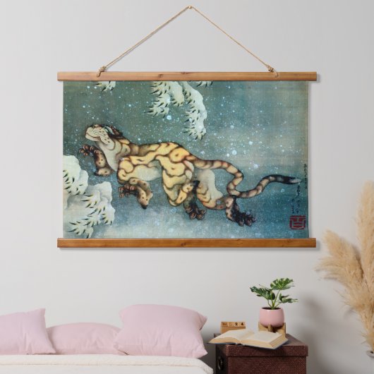 Tiger im Schnee, Hokusai Wandteppich Mit Holzrahmen (Schlafzimmer)