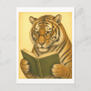 Tiger im Vintage-Stil beim Lesen Postkarte