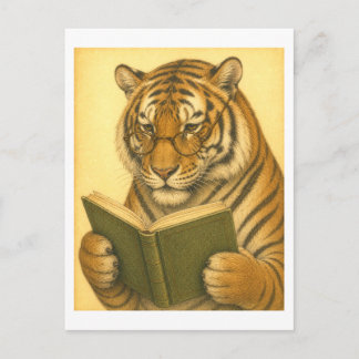 Tiger im Vintage-Stil beim Lesen Postkarte