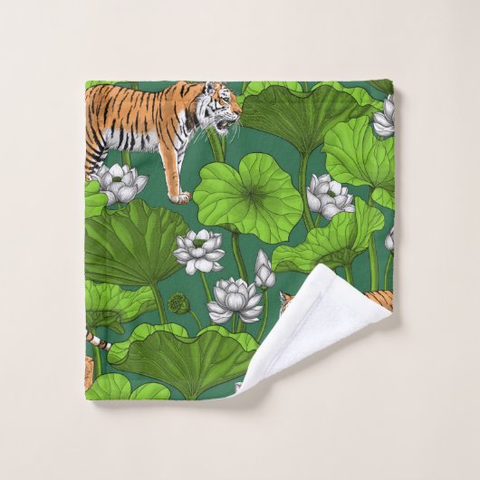 Tiger im weißen Lotusteich Badhandtuch Set (Waschlappen)