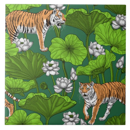Tiger im weißen Lotusteich Fliese (Vorderseite)