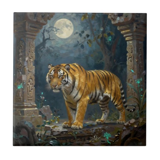 Tiger in Ancient Dunes under the Full Moon Fliese (Vorderseite)