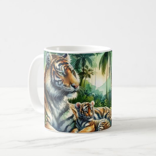 Tiger in einem üppigen Dschungel Wasserfarben Male Kaffeetasse (Vorderseite Links)