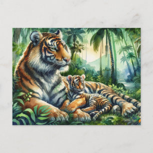 Tiger in einem üppigen Dschungel Wasserfarben Male Postkarte