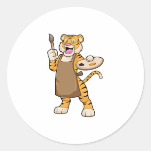 Tiger in Malerei mit Pinsel und Pinsel Runder Aufkleber