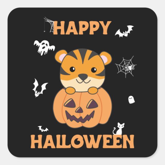 Tiger in Pumpkin Sweet Tiger Happy Halloween Squar Quadratischer Aufkleber (Vorderseite)