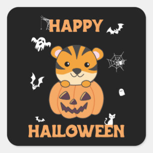Tiger in Pumpkin Sweet Tiger Happy Halloween Squar Quadratischer Aufkleber